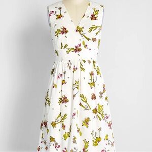 Modcloth White and Green Cactus Floral Print Dress